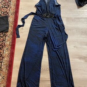 Beige by eci Navy Jumpsuit with Black Pattern
